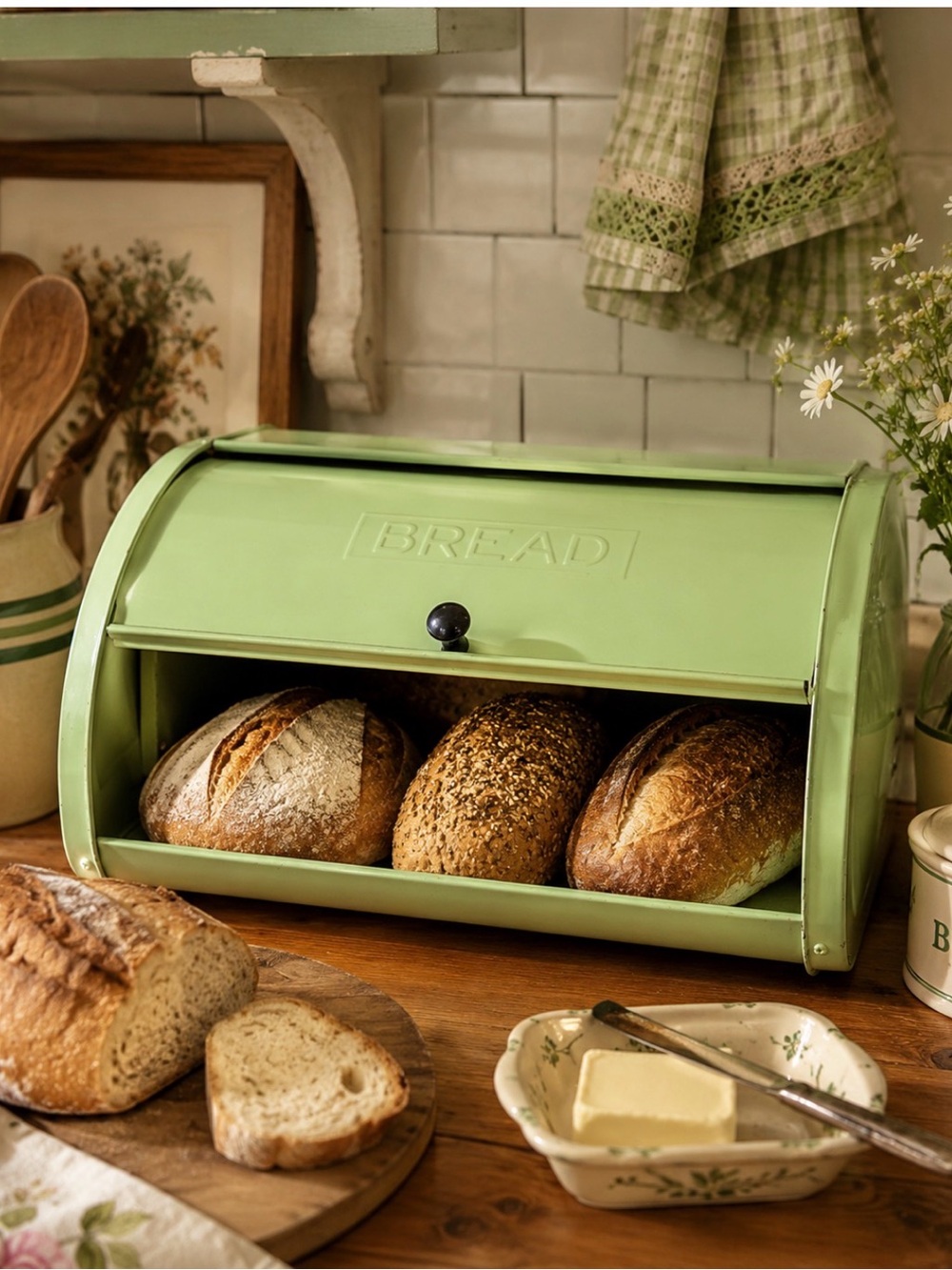 Vintage light sea green Bread Box Countertop Storage - enamelware